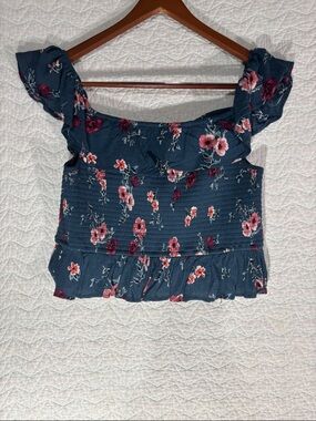 Navy Floral Smocked Off-Shoulder Crop Top